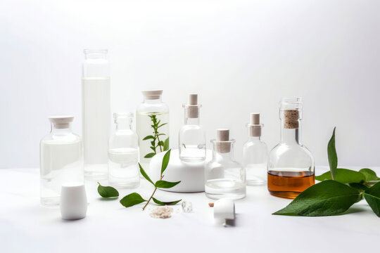 Various bottles with essential oils and medicinal herbs on white the table. Cosmetic laboratory concept. Generative AI