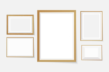 Set of five wooden frames with shadow. Vector mock up with place for design. PNG/EPS 10.	