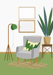 Empty photo frames for mockup in interior with grey chair, floor lamp and plants. Classic interior with a mock-up picture on the wall. Vector illustration.	