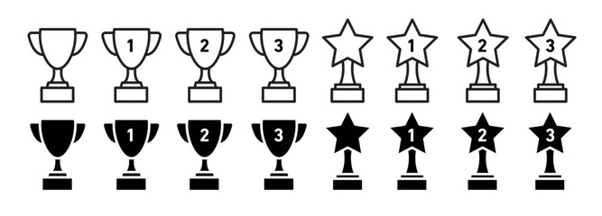 trophy cup vector icon set. football sport tournament champion victory award sign. trophy with 1, 2, 3 and star. contest price sign. - obrazy, fototapety, plakaty