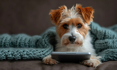 A cute little dog lying on a knitted blanket with a tablet. Dog interacting with technology.