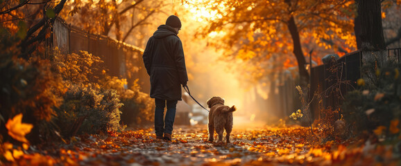 A service dog and a man with disabilities walking on the autumn street