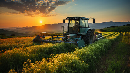 Combine Harvester Working Field Sunset