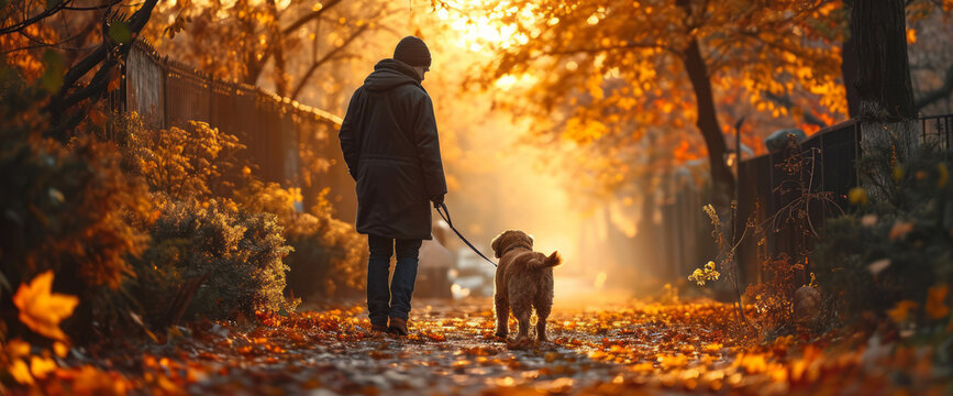 A service dog and a man with disabilities walking on the autumn street