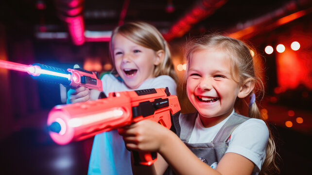 cheerful children playing laser tag, kids, shooting, laser gun, game, childhood, entertainment center, childhood, boy, girl, neon, sport, hobby, fun, party, birthday, people, portrait, weapon, war