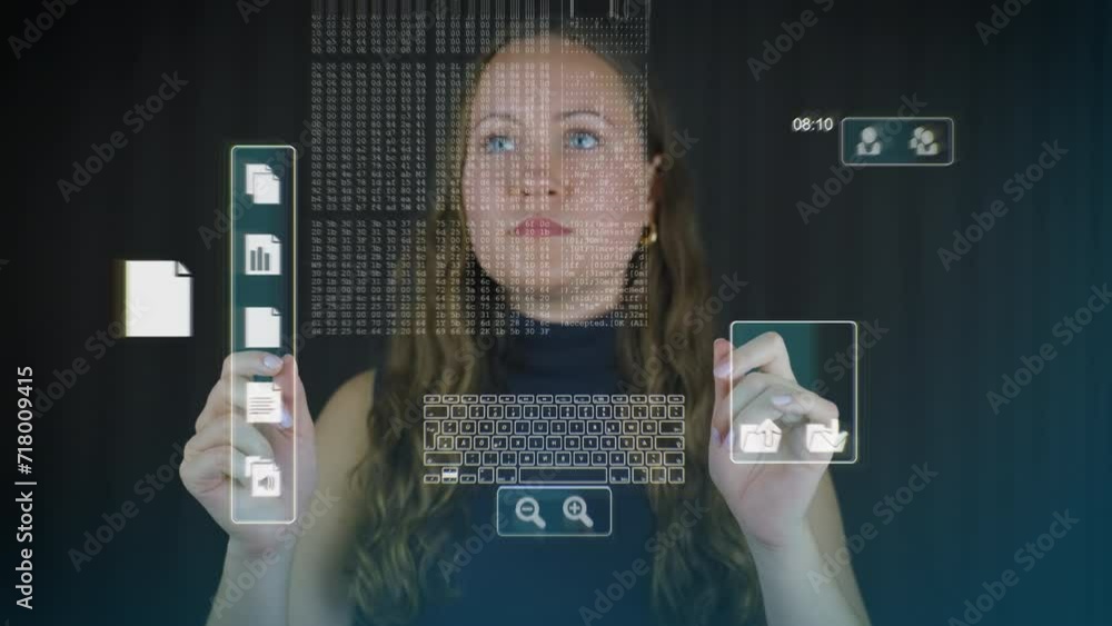 Poster female model uses touch screen hologram with different contents of file manager, concept financial d