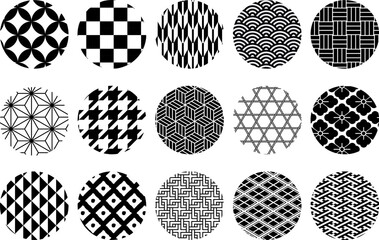 15種類の伝統的な和柄のパターンセット（白黒）