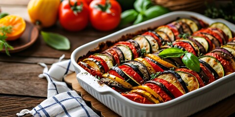 A classic French vegetable dish, ratatouille casserole, displayed on a wooden table, perfect for those following a vegan diet. Ideal for menu or banner. - obrazy, fototapety, plakaty