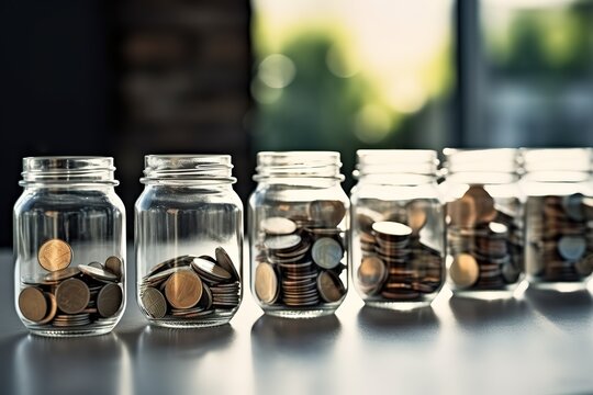 Jar containing gold coins in photo with Blur background