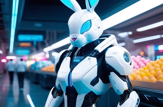Cybernetics Style, Rabbit Robot and Easter Eggs, White Hare with Long Ears