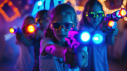 cheerful children playing laser tag, kids, shooting, laser gun, game, childhood, entertainment center, childhood, boy, girl, neon, sport, hobby, fun, party, birthday, people, portrait, weapon, war