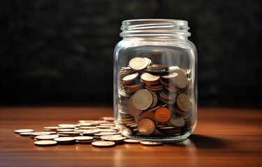 Coins in a jar with a stack of gold Coins next to it in the photo on a black background. generative AI