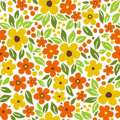 Bright floral vector seamless pattern. Orange, yellow flowers, green foliage on a white background. For fabric prints, textile products, summer clothes.