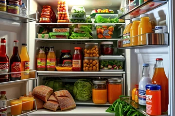 Rolgordijnen fridge filled with food, drinks, juice and other groceries. © arhendrix