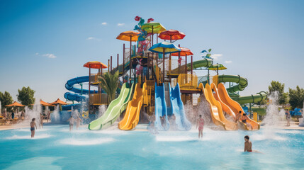Beautiful colorful slides and swimming pool in Aqua park Summer entertainment, vacation concepts.