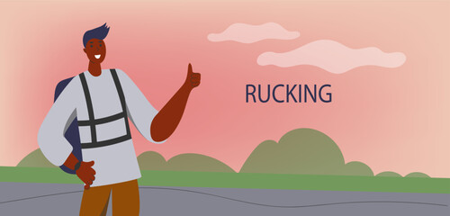 Rucking active walking with a backpack that contains extra weight. A young man walks with a backpack.  Accessible sports, the concept of outdoor training. Vector illustration in the flat style.