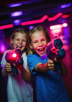 cheerful children playing laser tag, kids, shooting, laser gun, game, childhood, entertainment center, childhood, boy, girl, neon, sport, hobby, fun, party, birthday, people, portrait, weapon, war