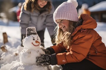 Little Kid Joyfully Creating a Snowman in a Frosty Playground, Generative AI