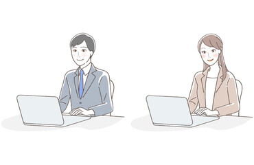 Business illustration set of men and women operating computers.