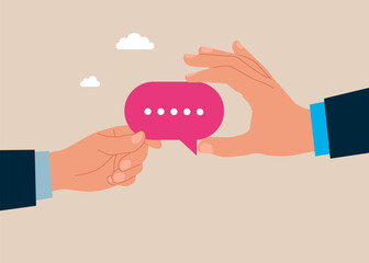 People Chatting. Hand pulling a speech bubble tug of war with a businessman. Speech bubbles. Flat vector illustration