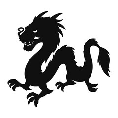 Dragon silhouette, Chinese zodiac, horoscope symbol, icon. Black oriental monster, magic fantasy legend animal shadow profile, side view. Flat graphic vector illustration isolated on white background