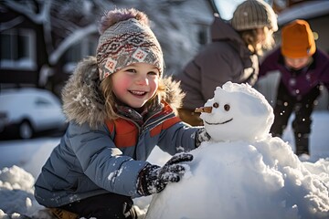 Little Kid Joyfully Creating a Snowman in a Frosty Playground, Generative AI
