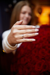 Happy Woman Shows  Engagement Ring After Proposal. Valentine day