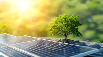 Solar panel with green plant. Green energy. Environment background