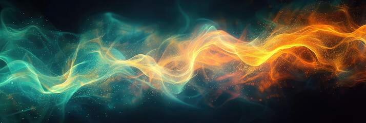 Obraz premium yellow green neon light wave shapes on a black background,Abstract ranibow wave light painting with vibrant colors and dynamic patterns. technology, abstract, motion graphics, and futuristic