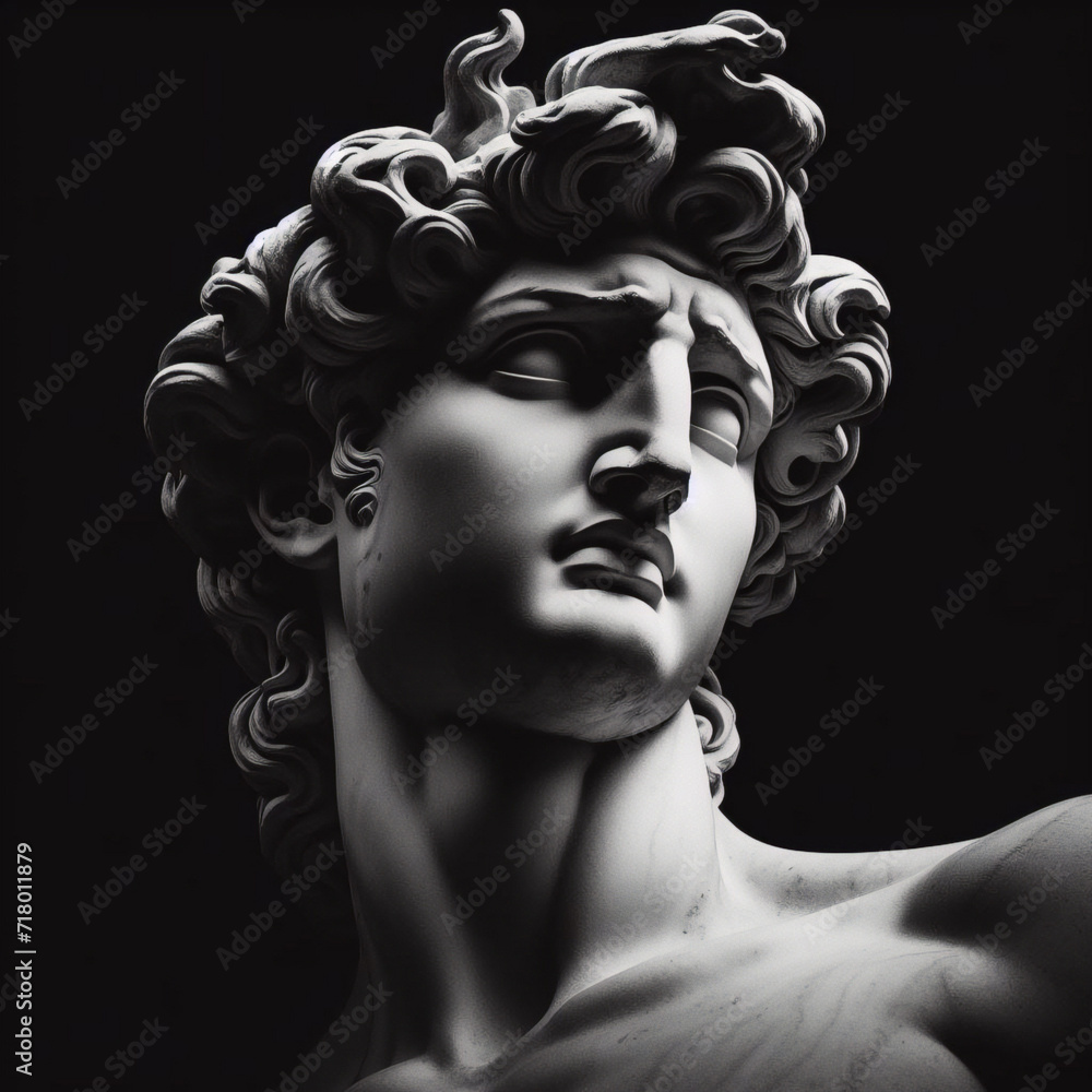 Wall mural God Apollo bust sculpture. Ancient Greek god of Sun and Poetry Plaster copy of a marble statue isolated on black	