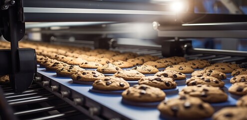 A factory that is making cookies topped with chocolate chips. generative AI - obrazy, fototapety, plakaty