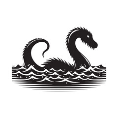 Mysterious Waves: Loch Ness Monster Silhouette Capturing the Mystery Beneath Rippling Waters - Loch Ness Monster Illustration - Sea Monster Vector
