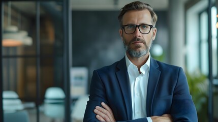 Naklejka na ściany i meble Portrait of a successful businessman posing against a modern futuristic meeting room background, generative AI