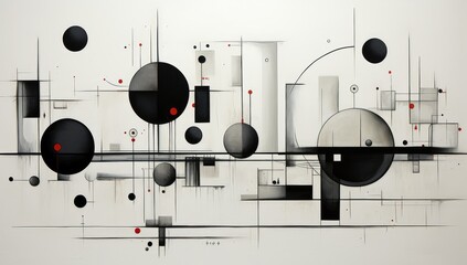 black and white painting with various circles, spheres, and squares