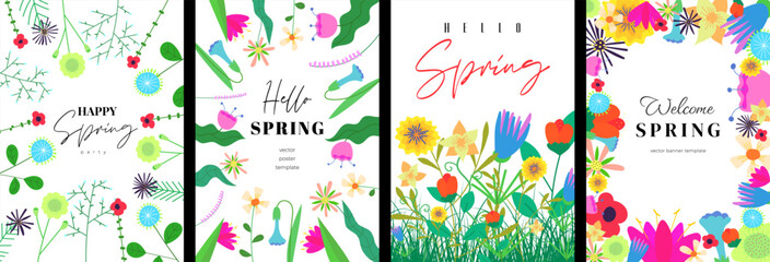 Hello spring poster template set with abstract drawing flowers. Floral art hand drawn placard collection. Botanical elements on woman holiday cover. Banner with summer blooms. Herbal plants postcard