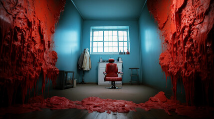 Anxiety and fear of going to the hairdressers. A hair salon barber chair in a room with thick caseous layers of blood-like matter on the walls.