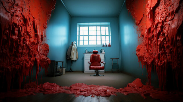 Anxiety and fear of going to the hairdressers. A hair salon barber chair in a room with thick caseous layers of blood-like matter on the walls.