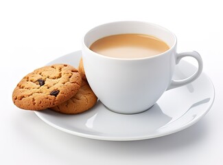 Cup of coffee on white Background with cookies beside it. generative AI