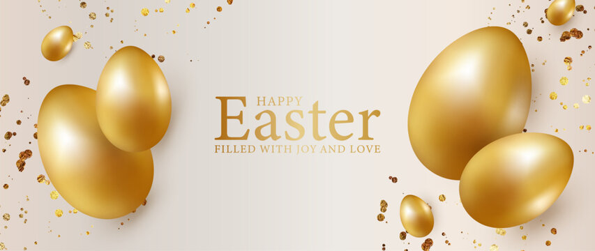 Easter beige card with golden eggs and golden blets. Easter background, wallpaper.