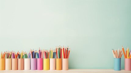 Obraz premium Pencils arranged in a colorful row on a table, showcasing a vibrant mix of yellow, green, red, orange, and pink hues, reflecting an artistic display in a school setting