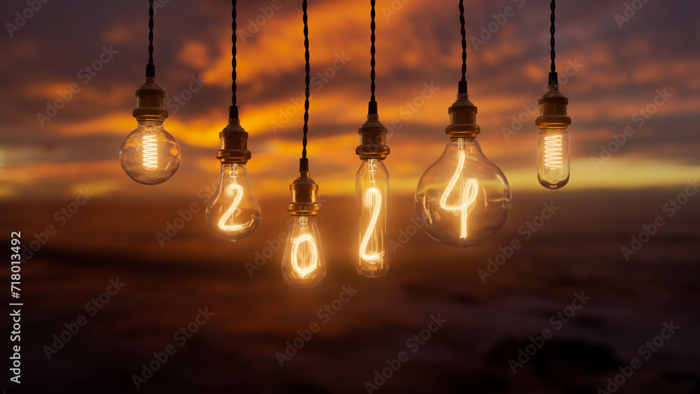 Poster light bulb new year background. edison light bulb. 2024 year. 3d rendering