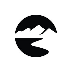 Simple mountain lake, ocean or beach view black and white round icon with water line and ridge over horizon