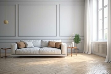 Sofa in a bright living room with space. Generative AI