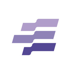 Abstract blue flag with three stripes in different tints shading forming letter E slightly skewed to the right and wavy movement from the wind