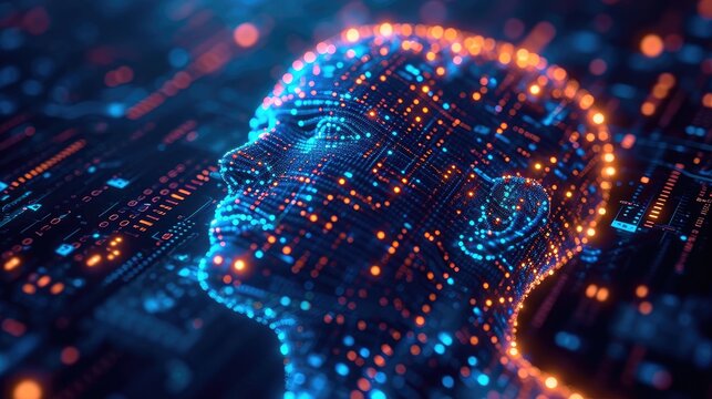 Humen face with binary data flow, artifical inteligent with analytic concept