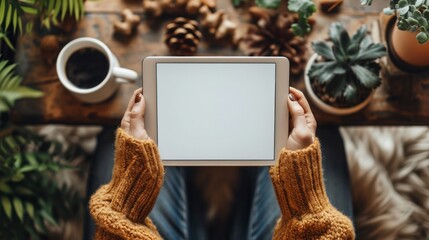 Top view mockup image of a business woman holding digital tablet with blank white desktop screen in cafe