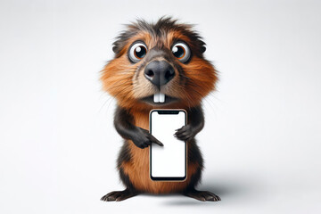 surprised Beaver with bulging big eyes point on smartphone with white screen. ai generative