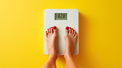 Human female feet standing on a digital bathroom scale, yellow background