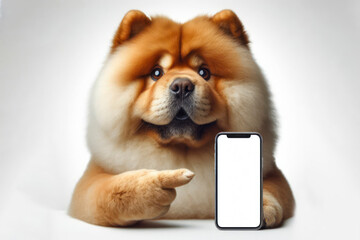 surprised Chow Chow dog with bulging big eyes point on smartphone with white screen. ai generative - obrazy, fototapety, plakaty