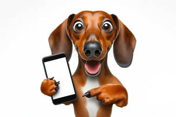 surprised Dachshund dog with bulging big eyes point on smartphone with white screen. ai generative
